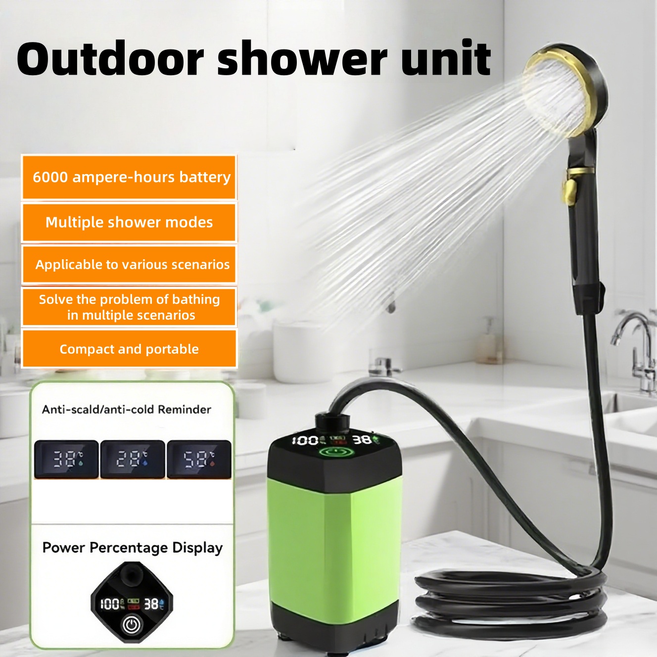 Outdoor Adventures - Draagbare elektrische buitendouche, met lange batterijduur,